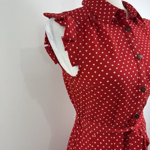 Retro Romance Polka Dot Red White Monteau Dress Small Pockets Belted Tradwife - Picture 5 of 12